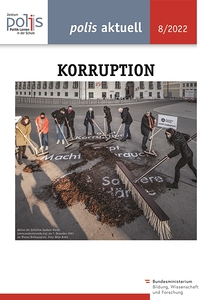 Bild einer Protestaktion auf dem Wiener Ballhausplatz, bei der mehrere Menschen Besen in der Hand halten und Dreck über einem Schriftzug wegkehren. Die Schrift kann teilweise entziffert werden, etwa: Macht oder saubere Hände.