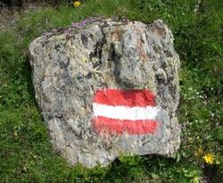 Das Bild zeigt einen kantigen grauen Felsbrocken, der in einer grünen Wiese liegt. Auf der Vorderseite des Steins ist eine rechteckige rot-weiß-rote Markierung aufgemalt, wie sie in Österreich zur Kennzeichnung von Wanderwegen üblich ist. Die beiden 
