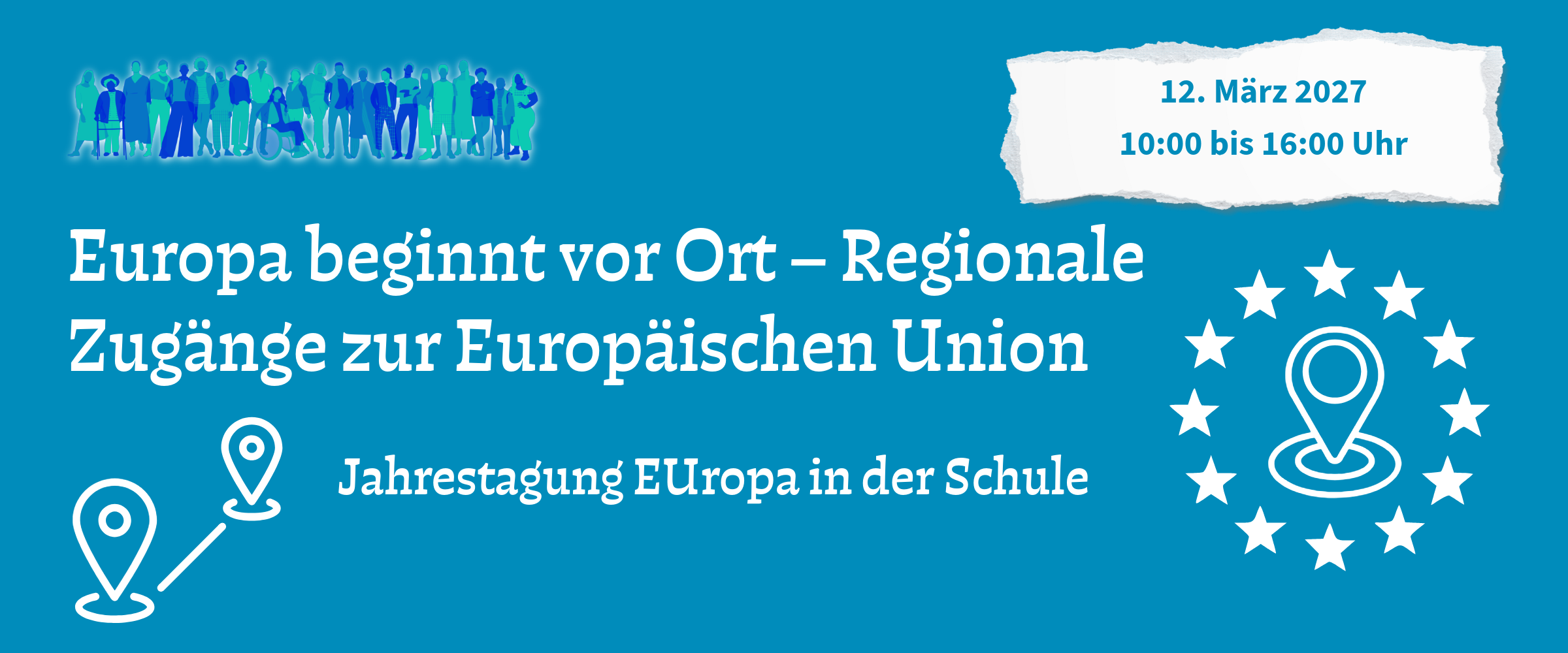 Banner Jahrestagung 2027 in blau mit unterschiedlichen Elementen: Menschengruppe, Strecke von bis, Sternenkranz und in der Mitte ist eine Markierung