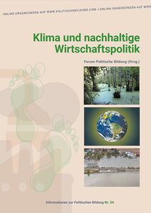 Titelblatt mit Bild von einem Fußabdruck und drei kleinen Fotos mit Bezug zum Klimawandel (Wald, Fluss, Erdkugel).