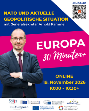Ankündigung Europa 30 Minuten+ mit Foto von Arnold Kammel, blauer Hintergrund, in der Mitte pinker Balken, Text und Logos