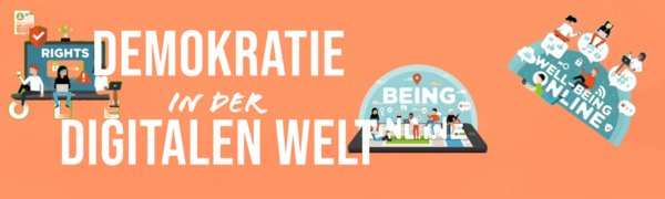 Banner in Aprikot-Hintergrundfarbe mit drei stilisierten Bildern zum Thema